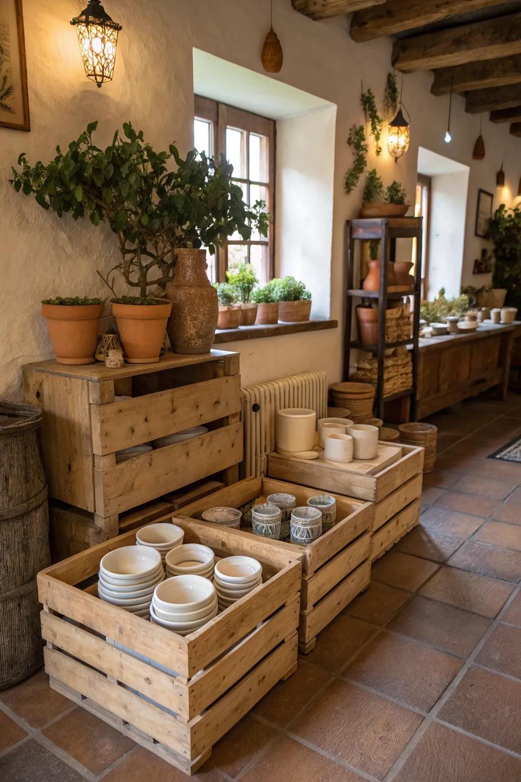 Pottery exhibited in original timber boxes for a countryside feel.