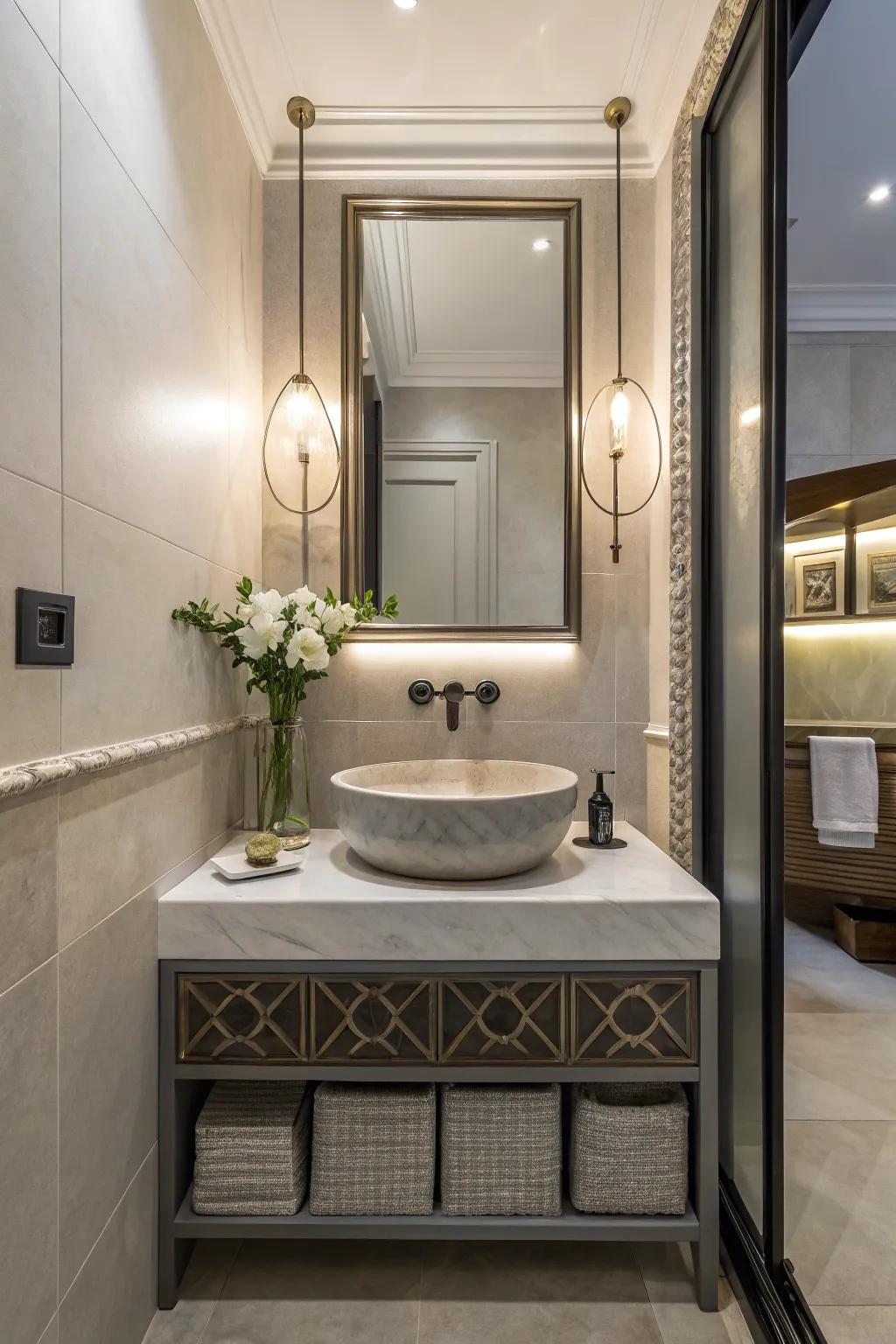 A contemporary half-bath featuring a refined and modern basin and faucet.