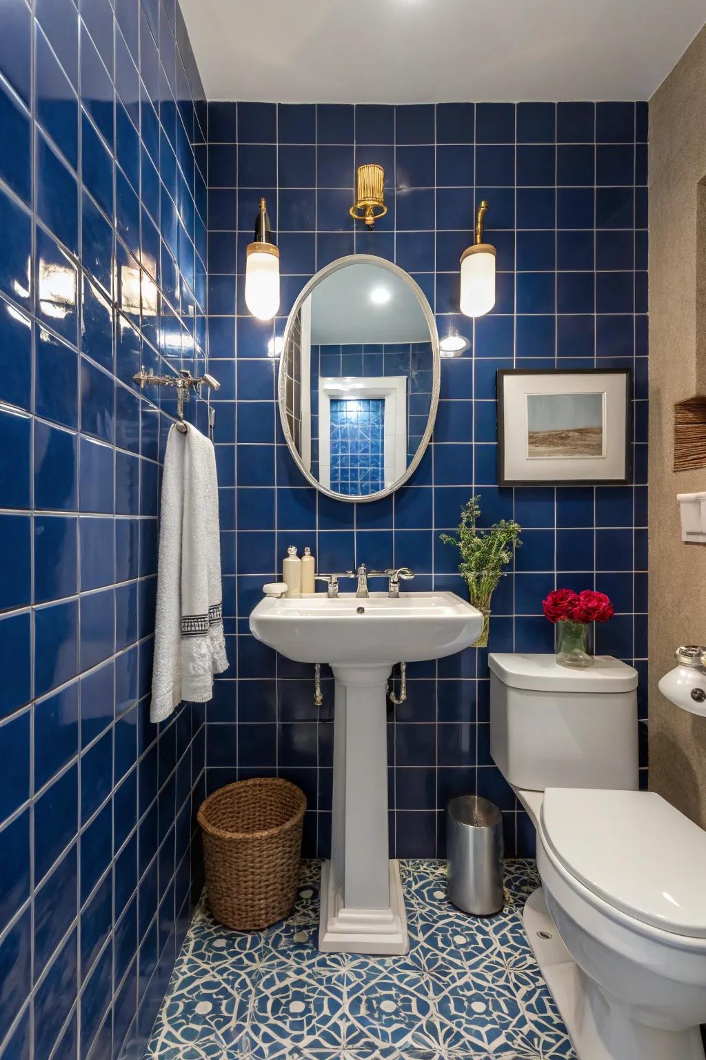 Bold colored tiles can turn your powder room into a dramatic focal point.
