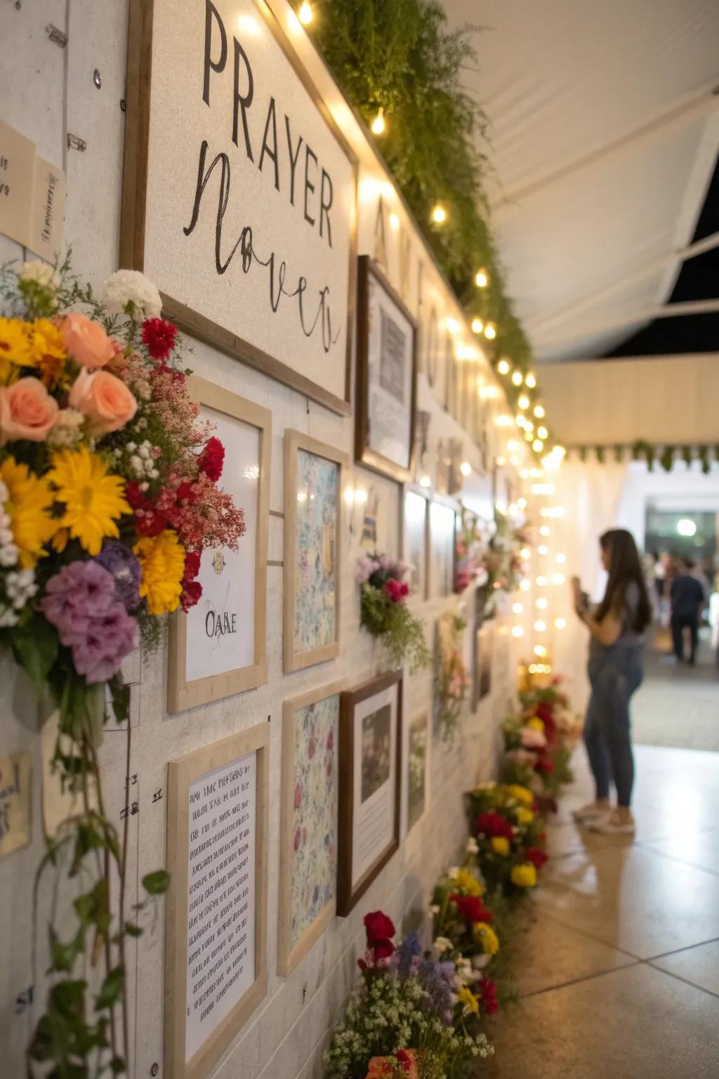 A prayer wall enhanced with botanical arrangements and inspiring sayings.