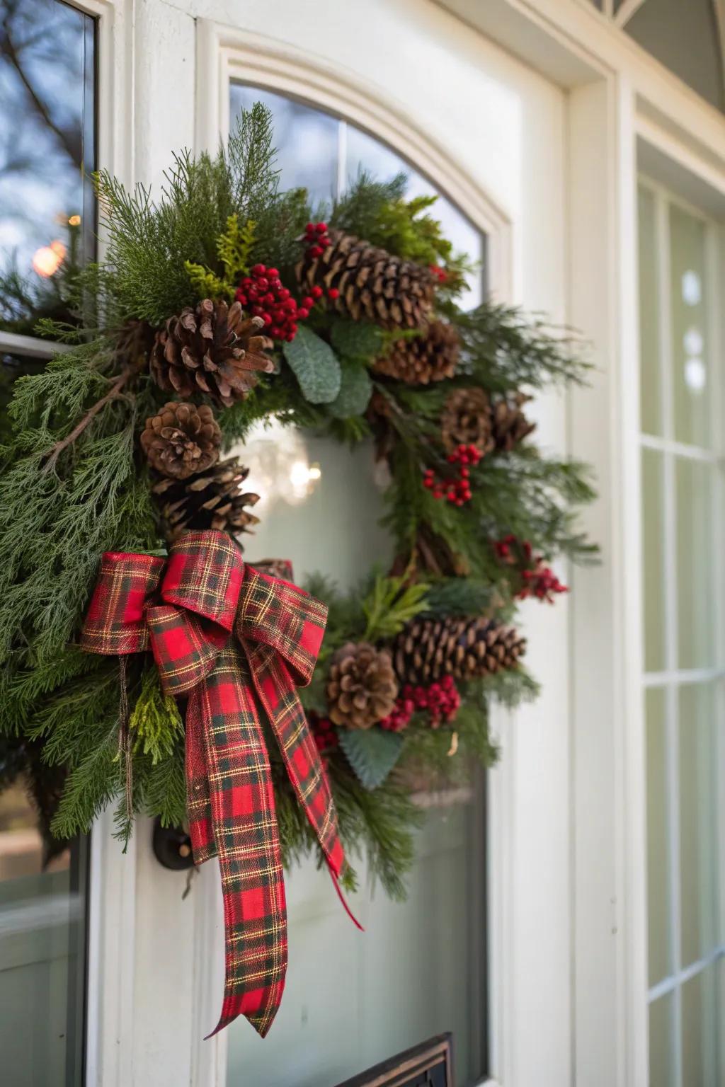 A sophisticated circular garland with patterned accents creates a festive doorway.