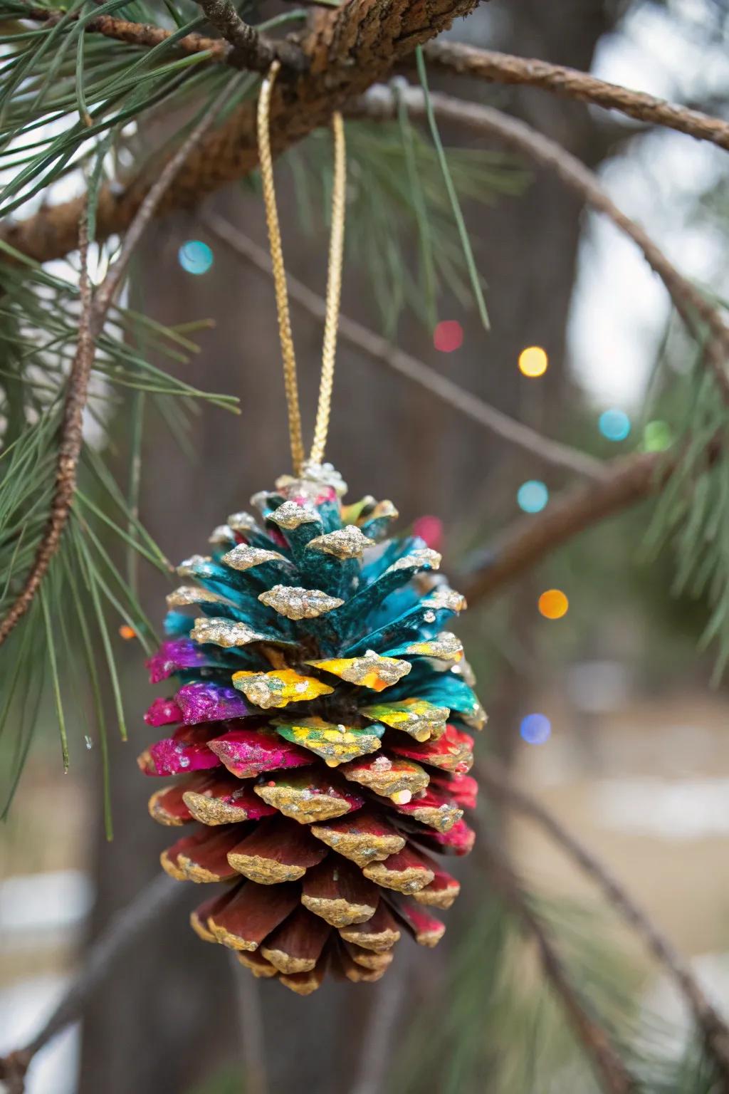 A festive embellished conifer cone ornament, conveying natural allure to holiday embellishments.