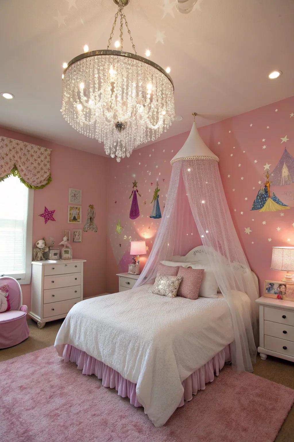 A crystal chandelier brings elegance to the room.