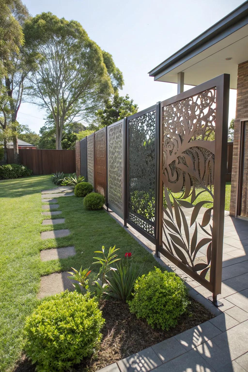 Artistic panels function as both a privacy element and an artistic statement.