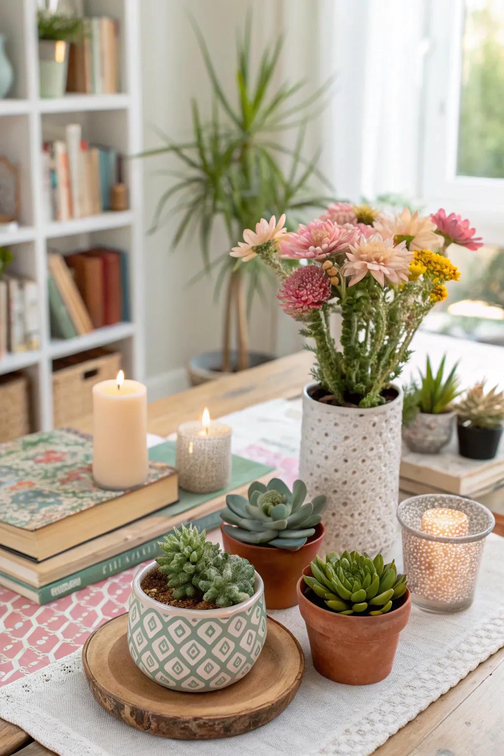 Inherent constituents like vegetations can infuse vitality into your exhibited setups.