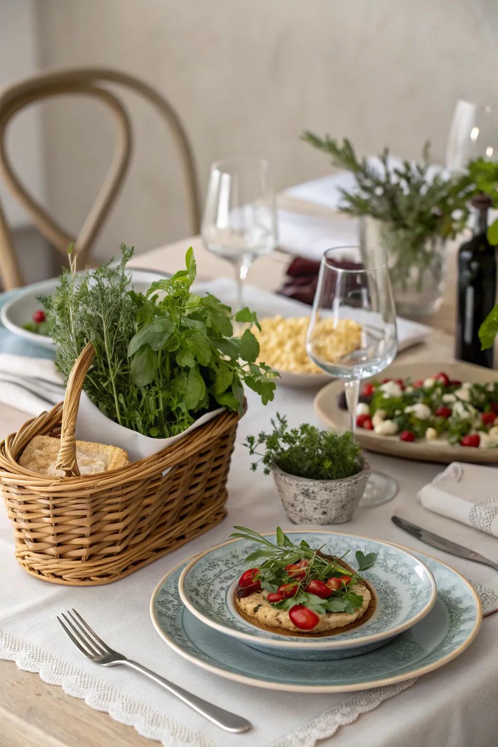 A dining arrangement featuring dishes creatively incorporating a secret ingredient, showcased by a selection of fresh herbs.