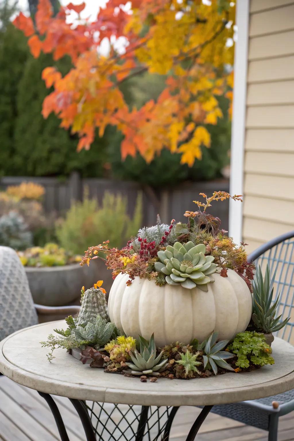 A pumpkin used as a stylish greenery holder.