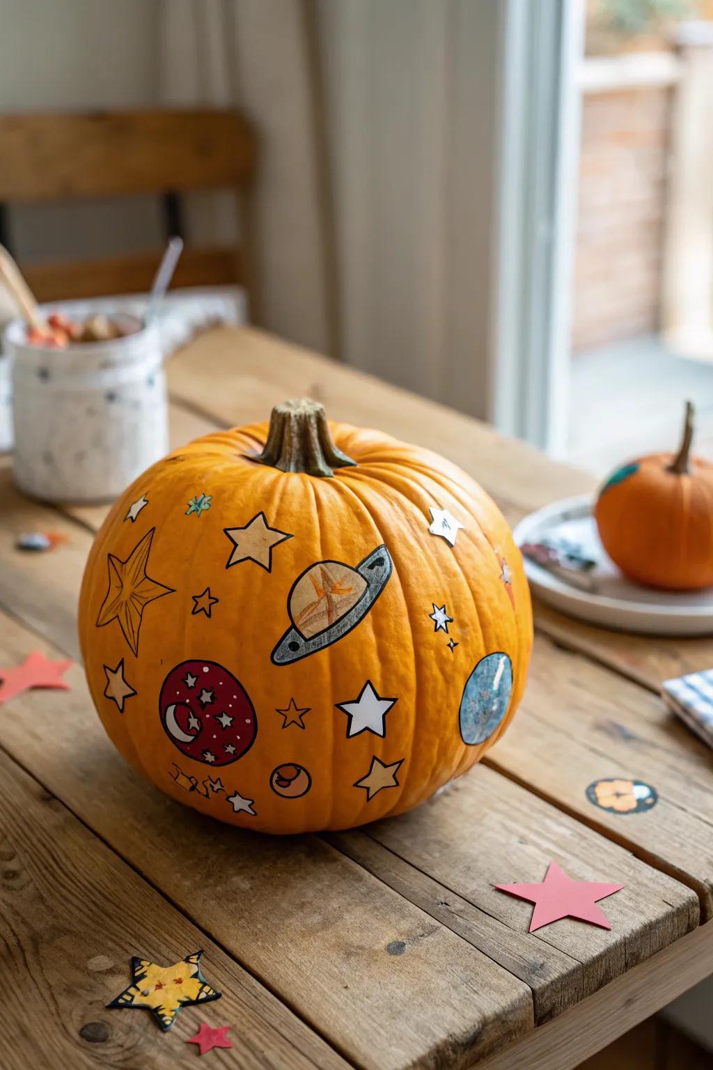 A pumpkin transformed into a galaxy with an array of stickers.