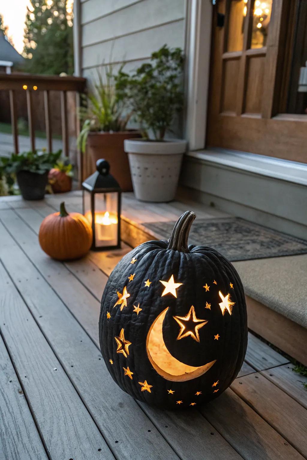 A starry night pumpkin casting a magical glow.