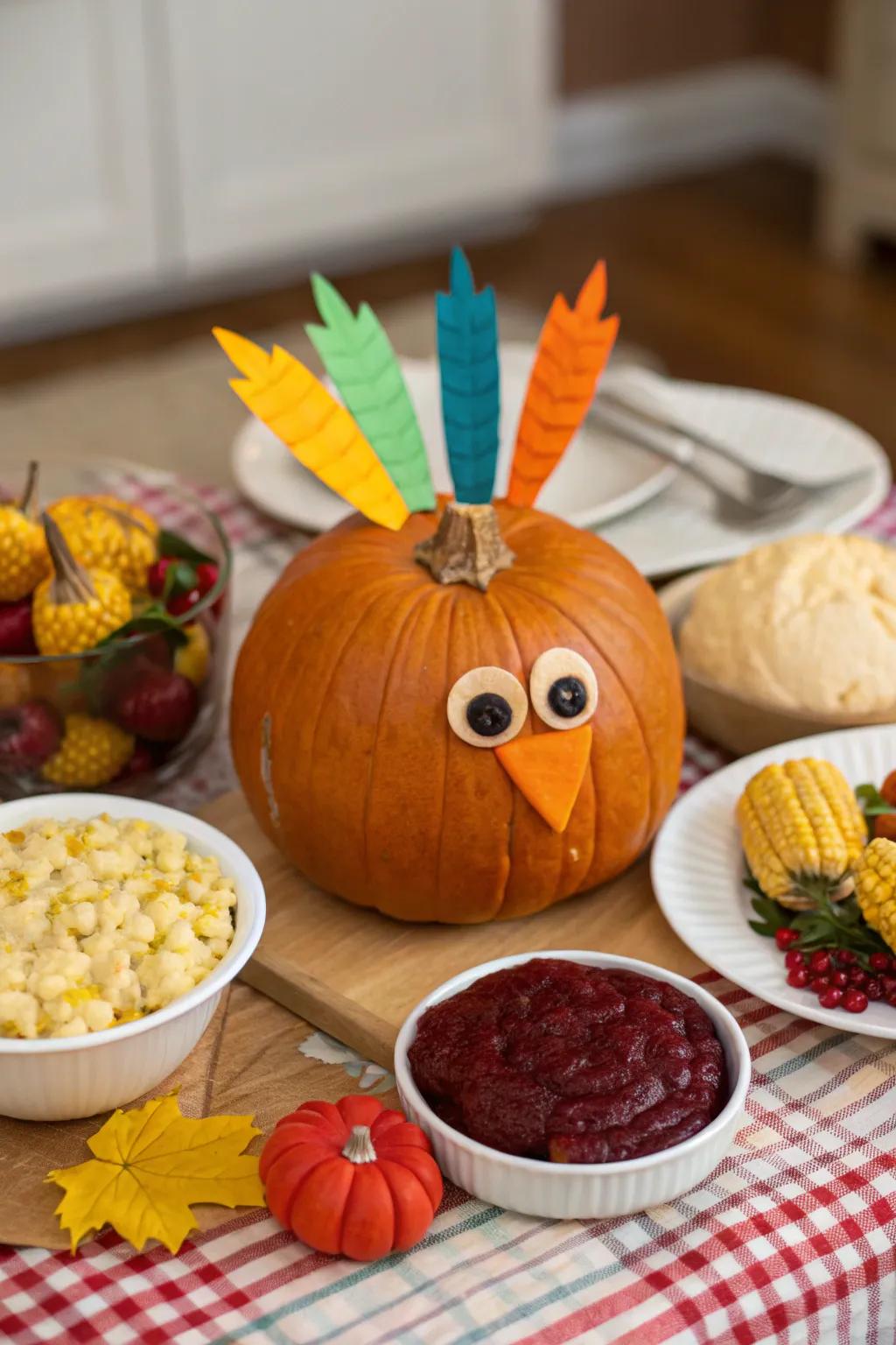 A bird-themed pumpkin perfect for Thanksgiving decorations.