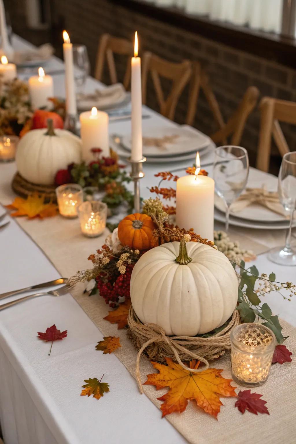 Elegant gourd centerpieces paired with candles and autumn leaves.