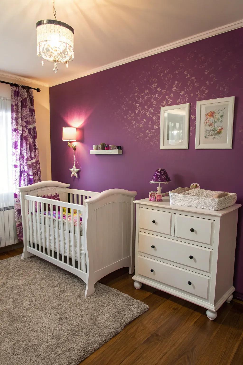 White furniture provides a fresh contrast against purple hues.