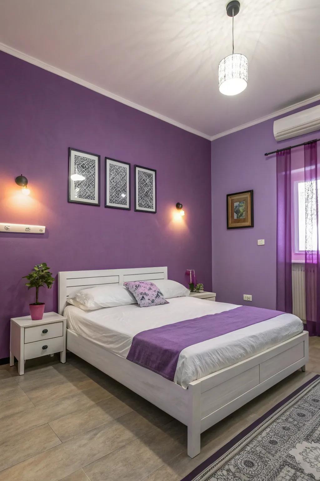 A modern bedroom featuring streamlined furniture against violet walls.