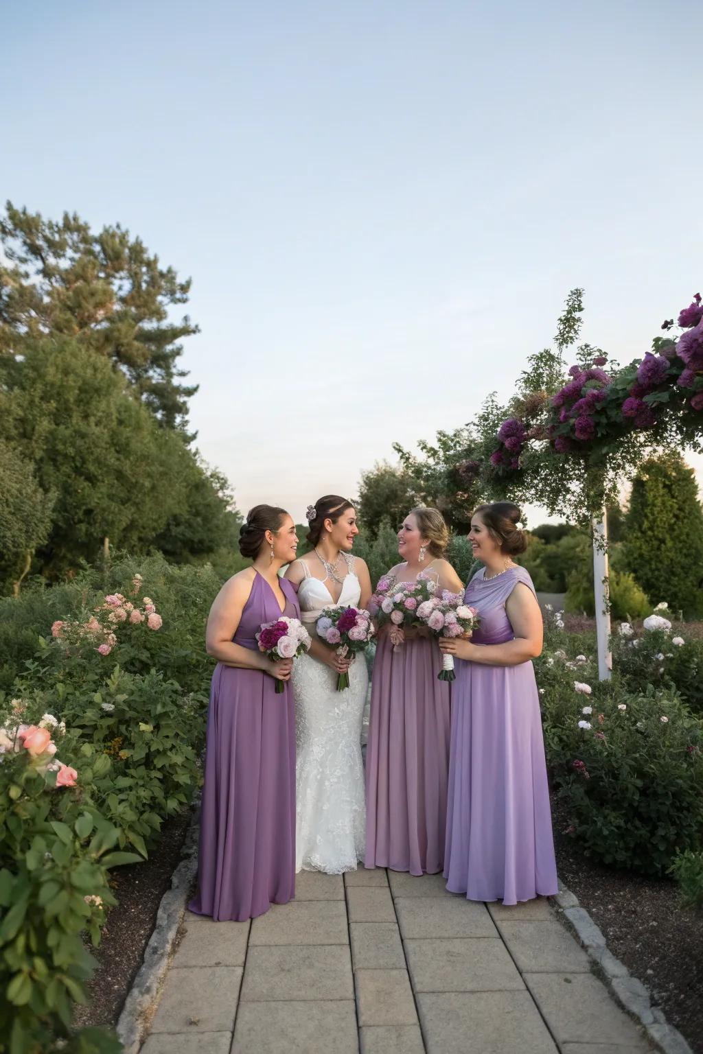 Bridesmaids in shades of violet produce a balanced and elegant grouping.