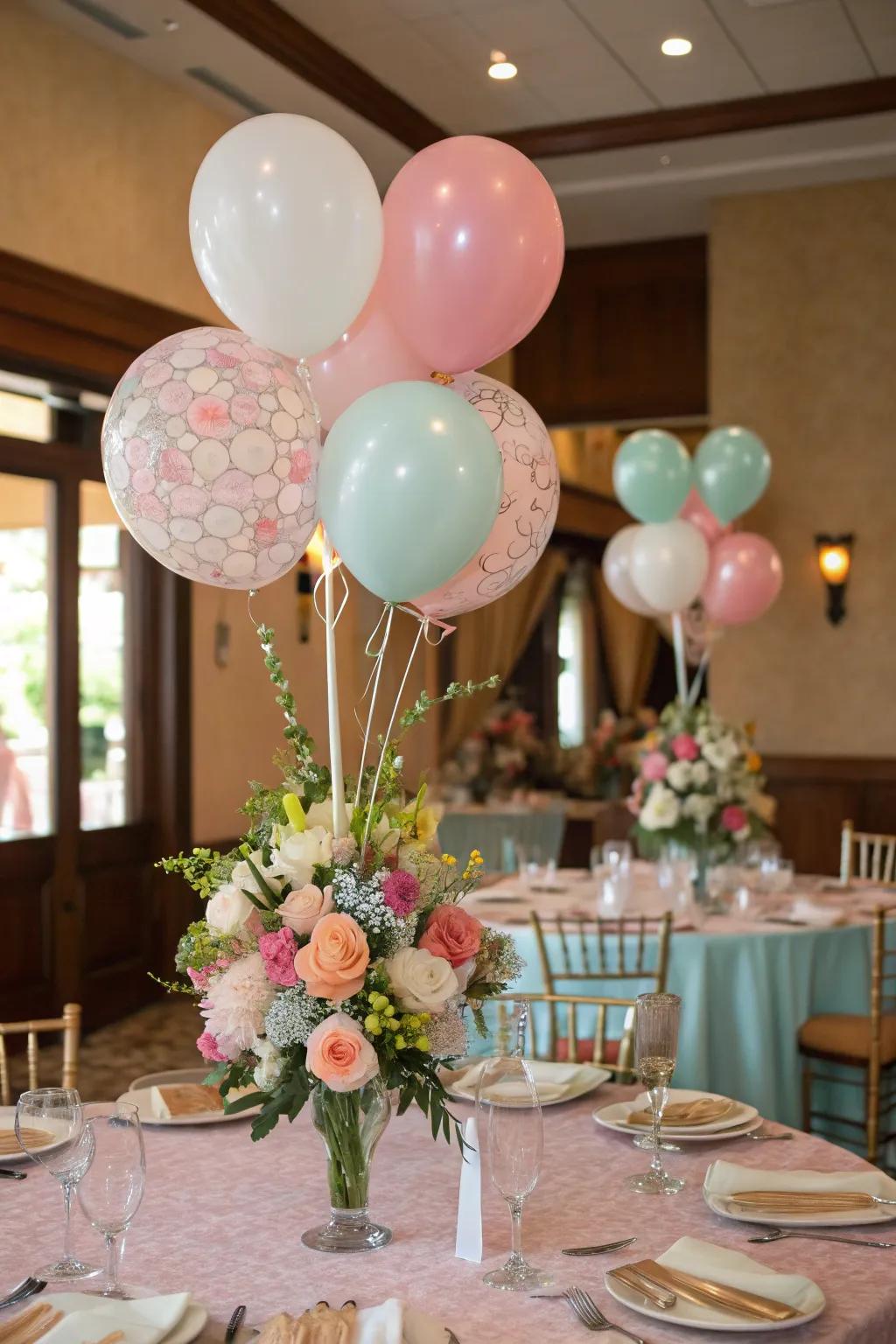 Balloon centerpieces bring elegance to the dining area.