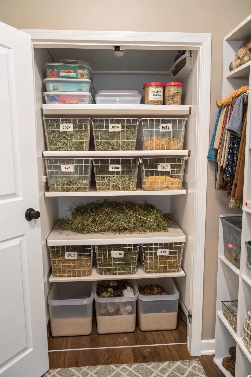 A revamped closet designed as a rabbit supply hub with bespoke shelving.