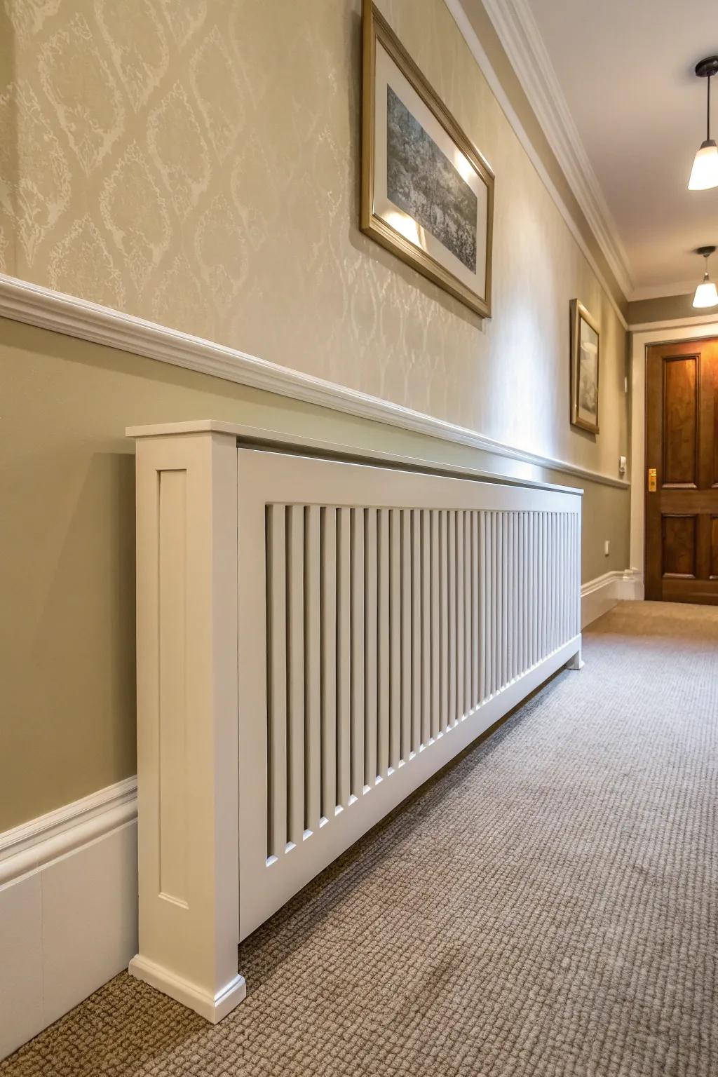 A radiator enclosure blends perfectly with the color of the wall.