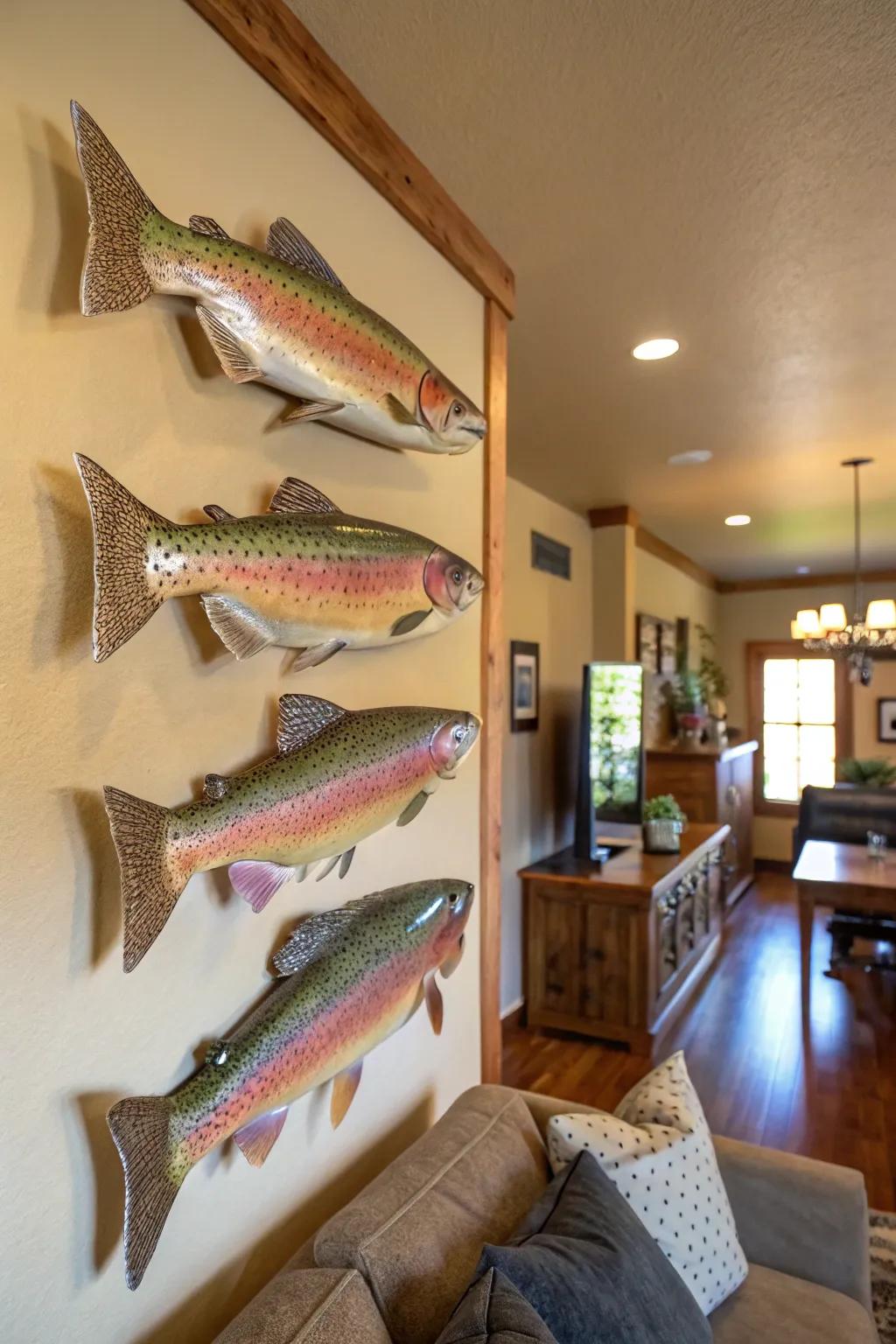Multiple rainbow trout displays create a vibrant and spirited home decor element.