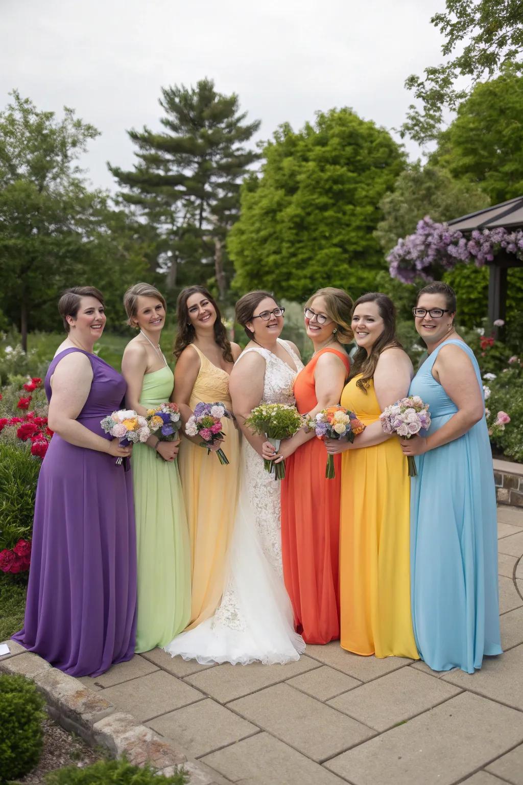 Bridesmaids shine in a delightful array of rainbow shades, creating a vibrant wedding scene.