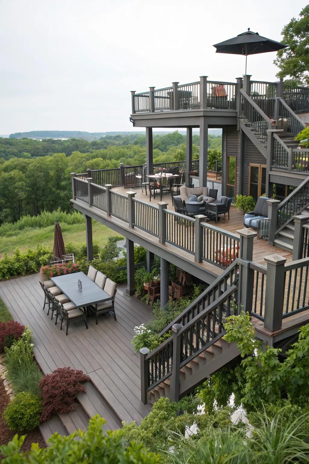 Discover tiered deck designs for an energetic outdoor environment.