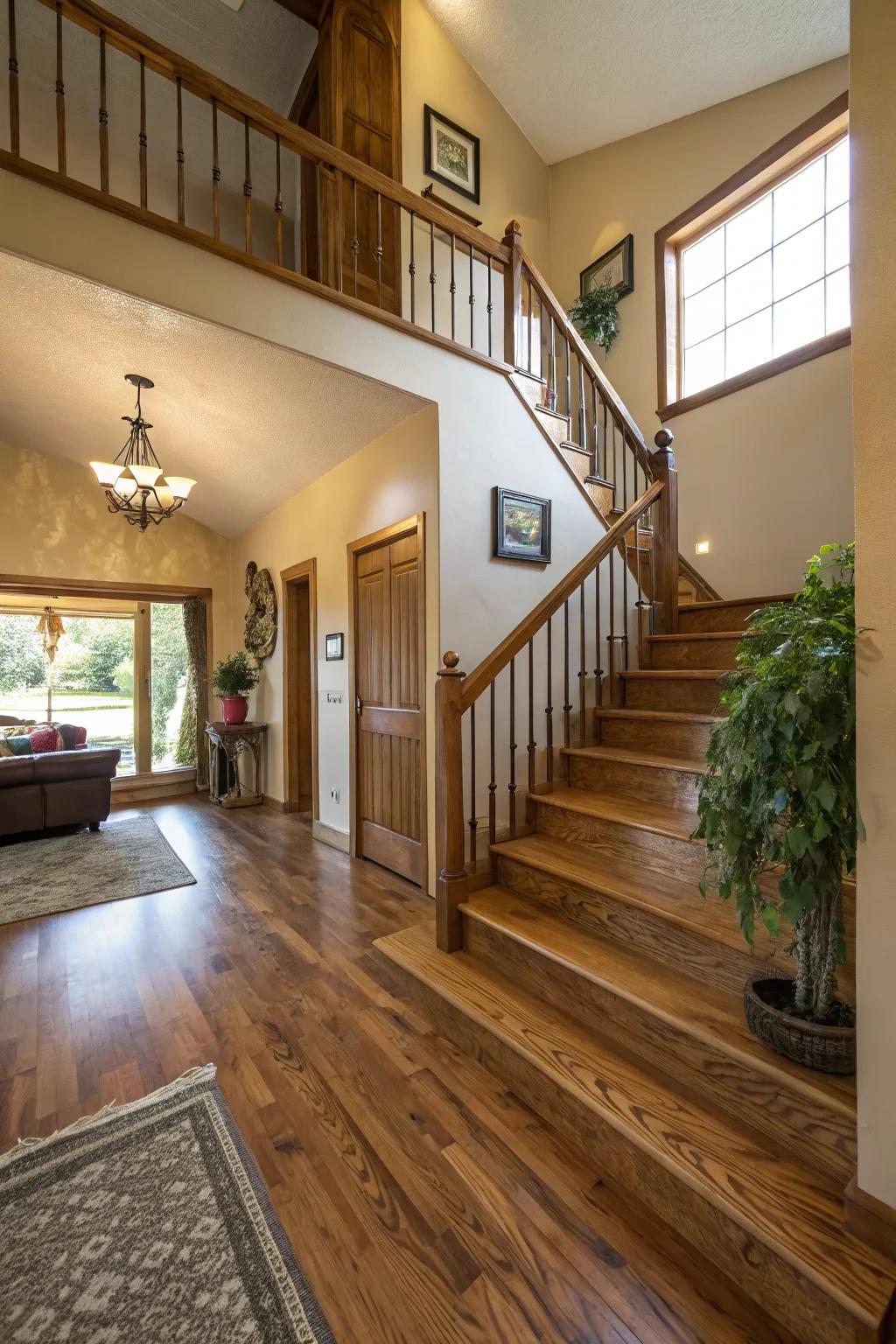 Warm wood accents like flooring and staircases add a cozy feel to the entrance area.