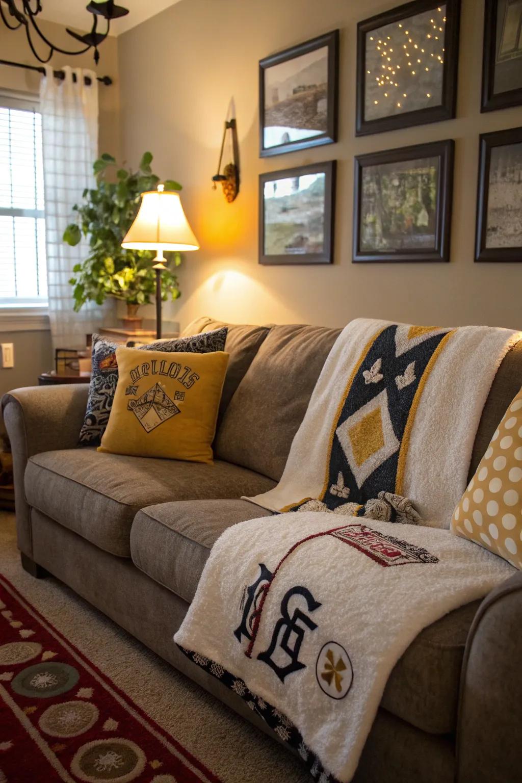 Pillows made from rally towels bring a warm and personal ambiance.