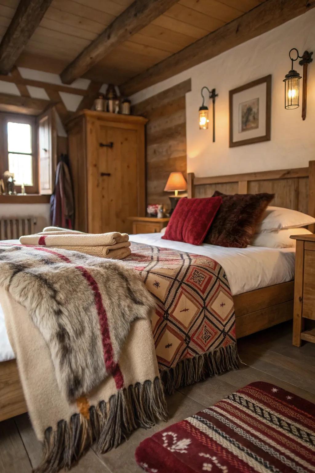 A countryside bedroom showcasing woolen blankets and simulated fur throws for increased warmth.