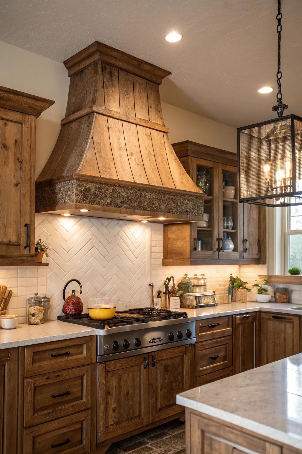 Country timber range hood infuses warmth and charm into any kitchen.