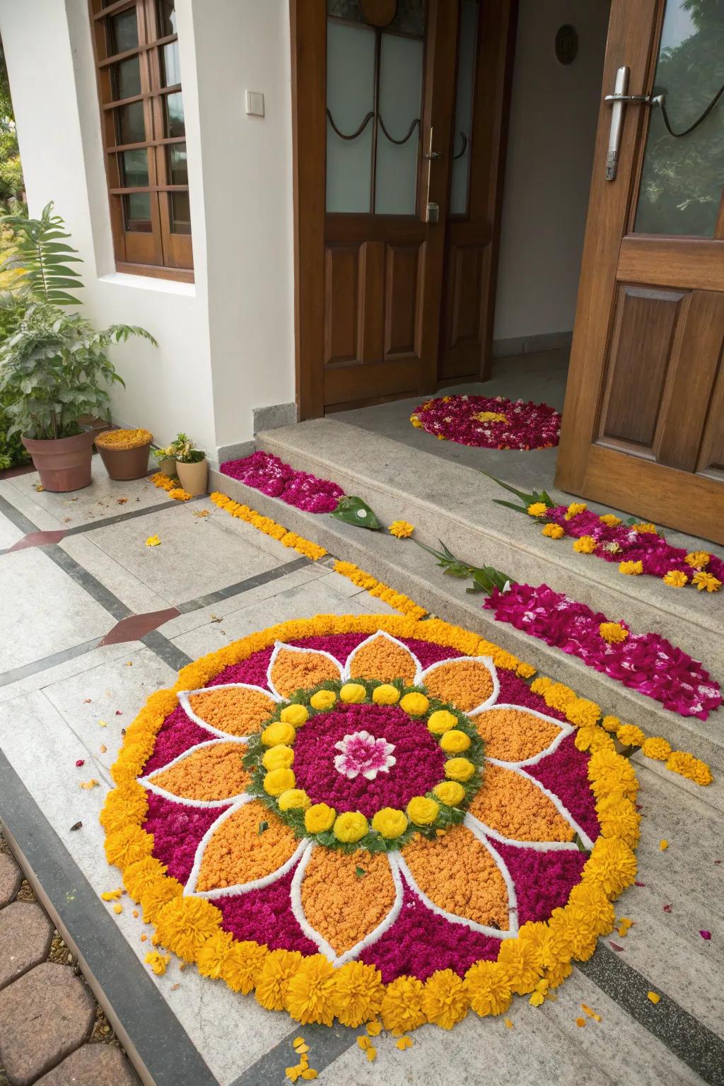 Botanical blossoms weave a gentle and fragrant floor art, amplifying the celebratory essence of Diwali.