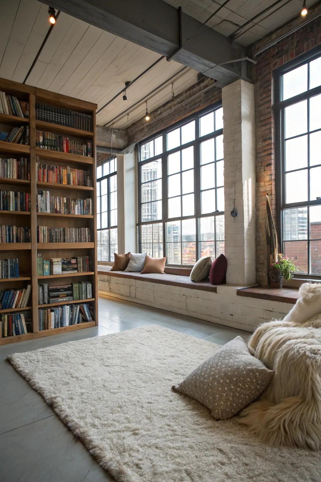 A loft renovated into a cozy book nook.