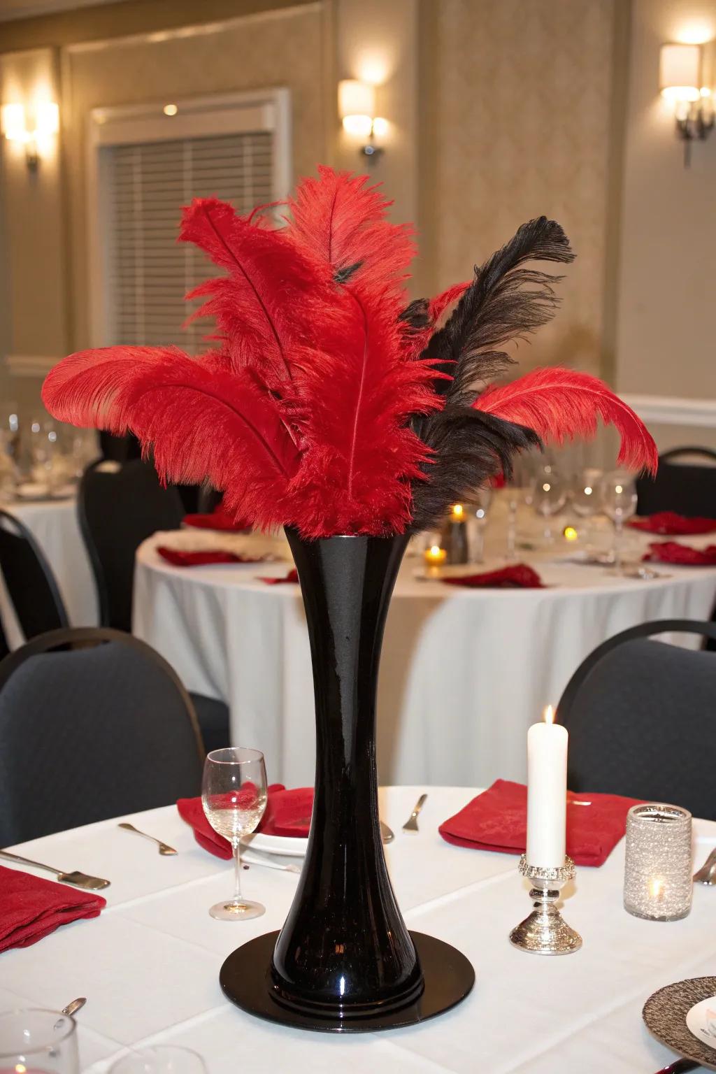 Scarlet plumage artistically positioned in an obsidian vase for remarkable flair.