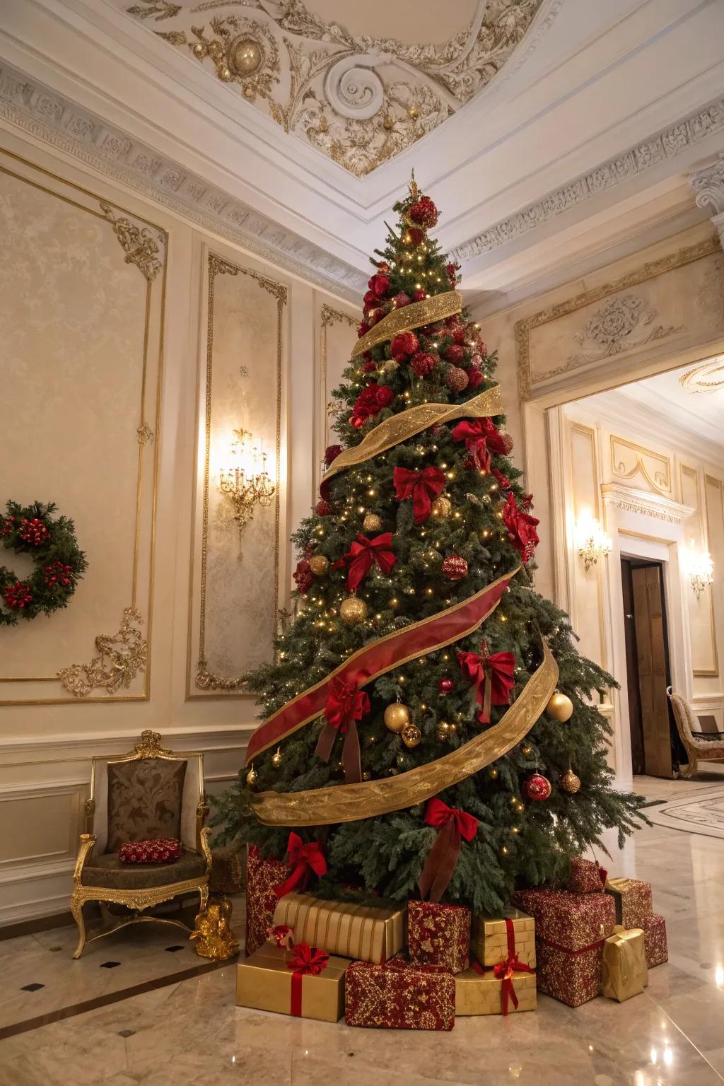 Opulent red and gold silken streams cascading down the Christmas tree.