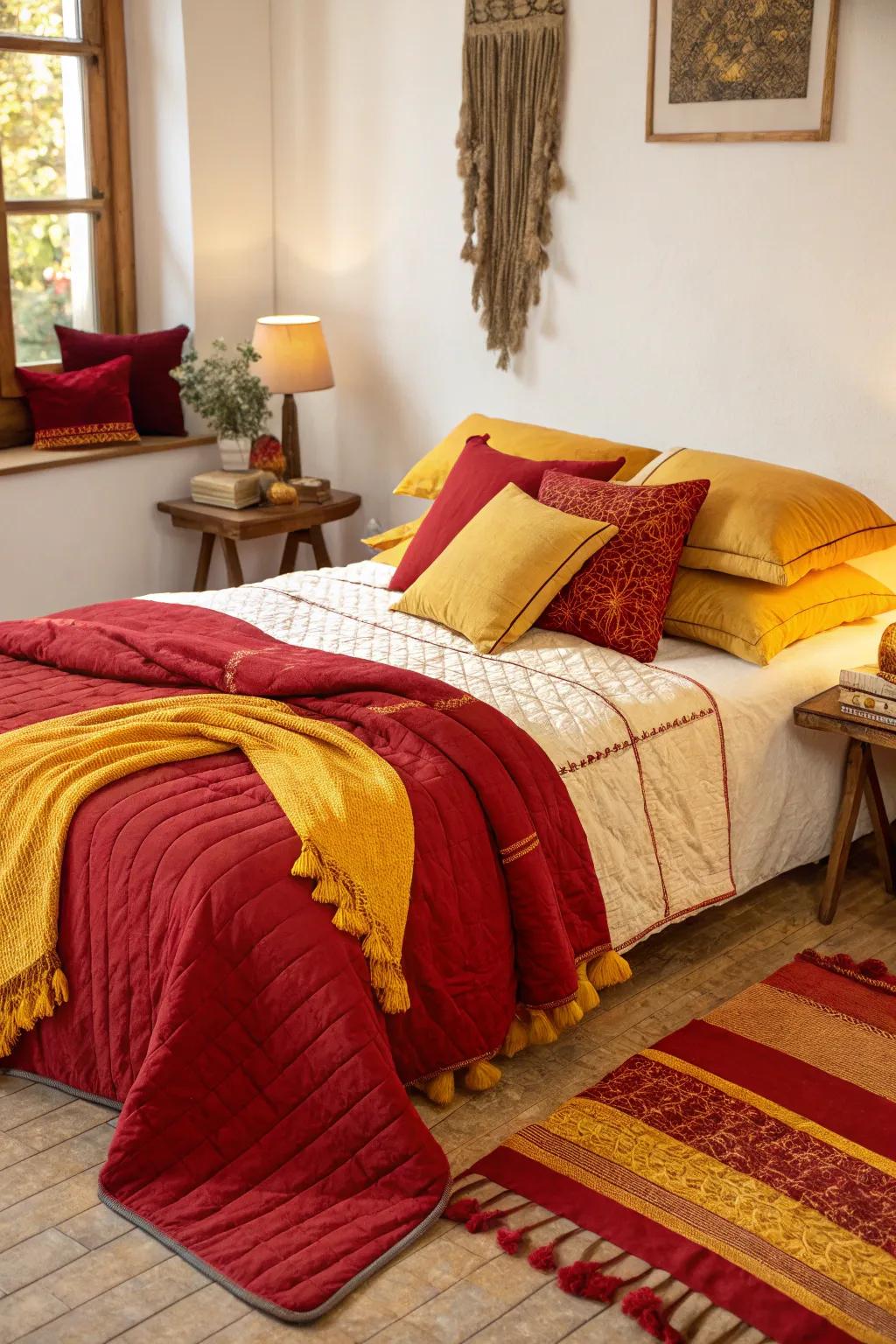 Layered materials in red and yellow fashion a welcoming and snug atmosphere within this bedroom.