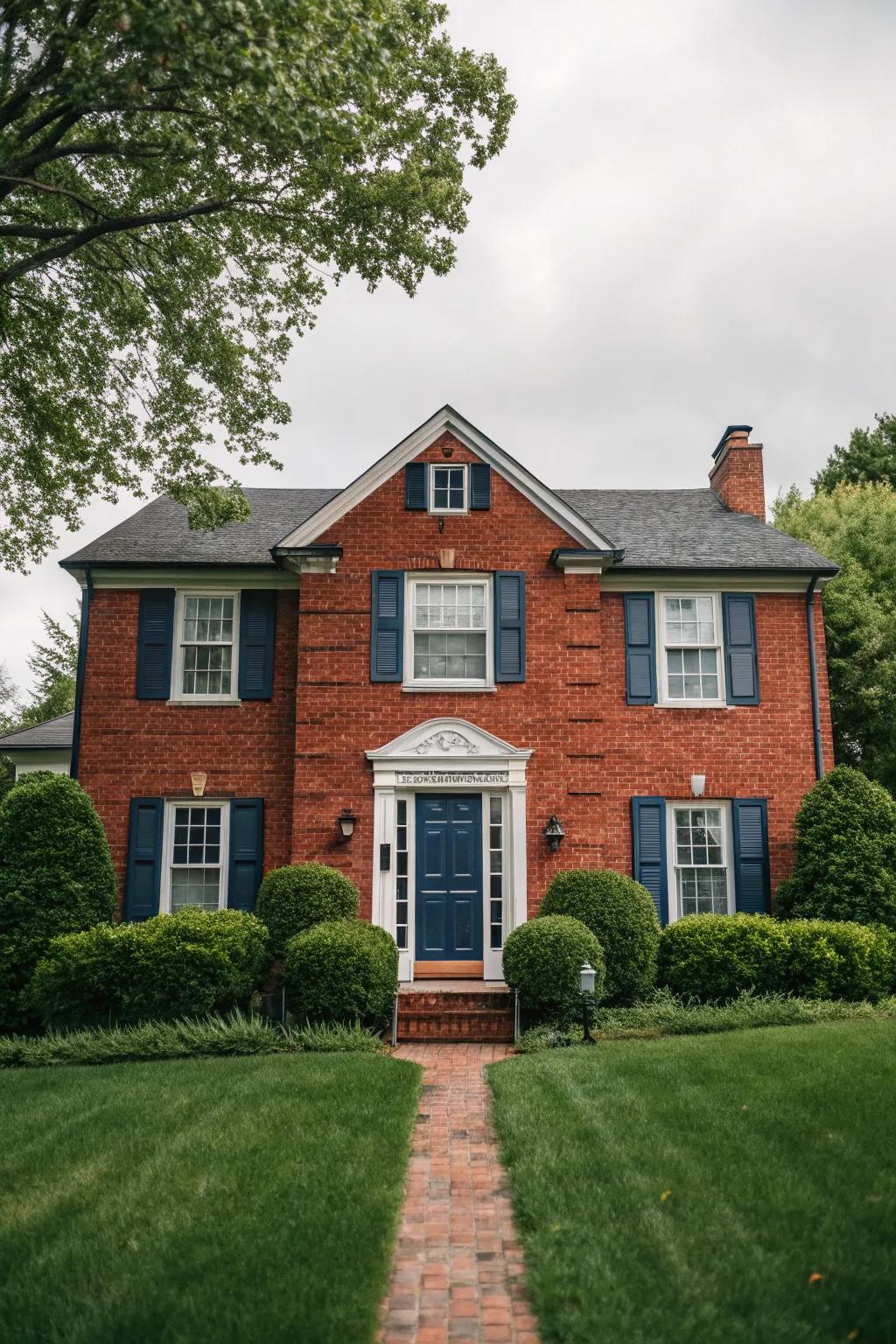 Vivid navy accents that enhance the red brick house.