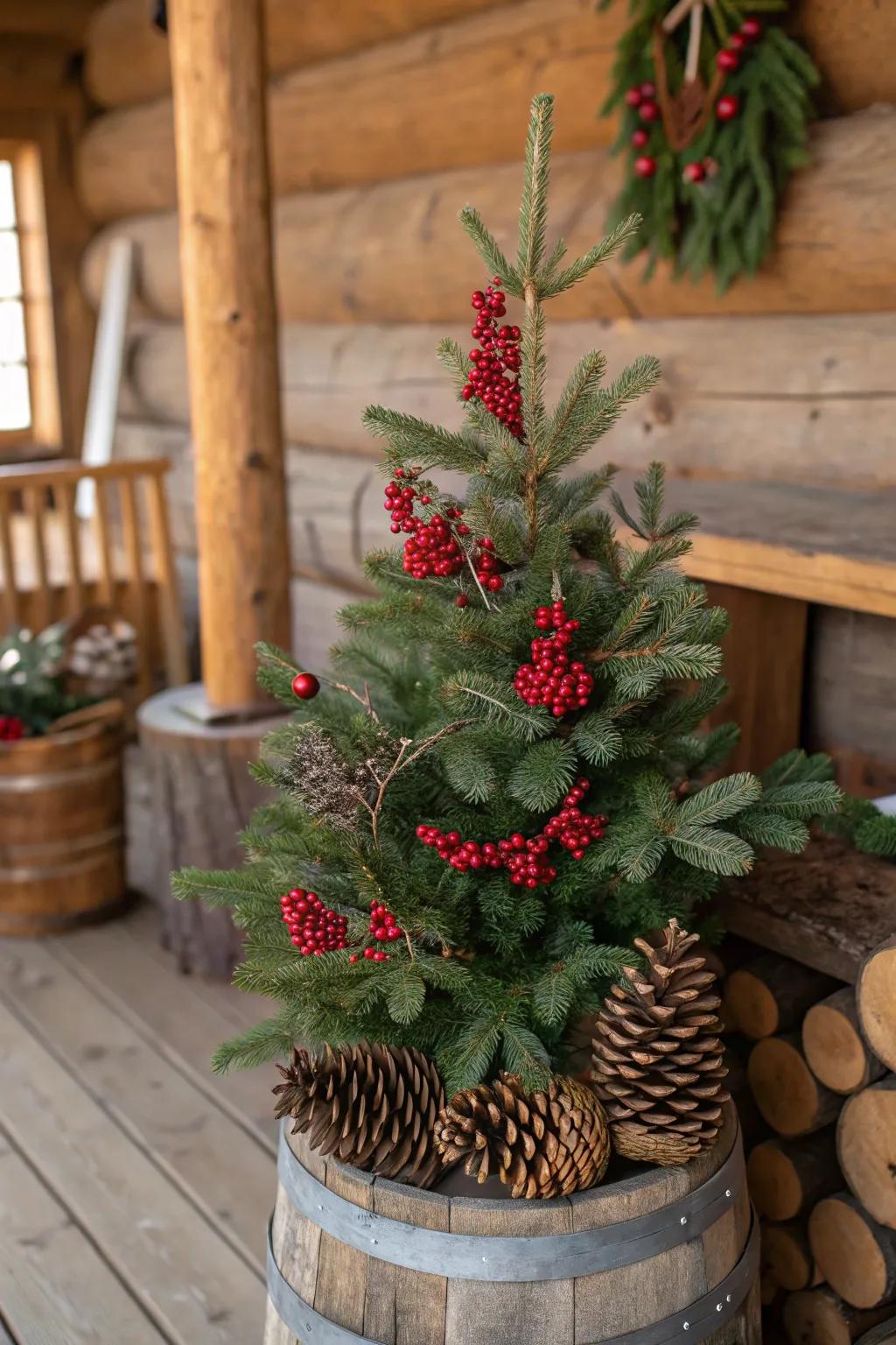 Rustic Christmas tree with red berries and pinecones