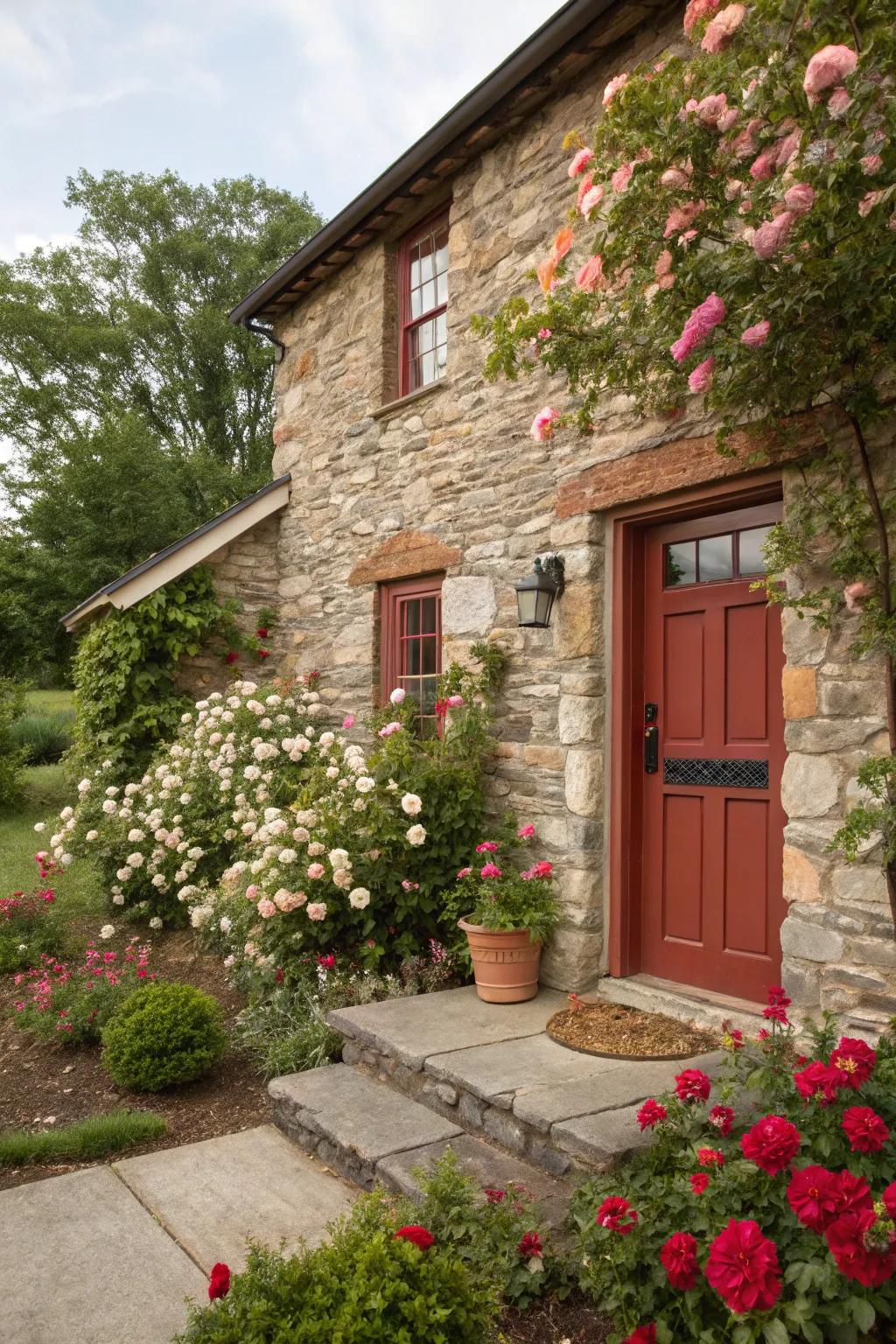 Rustic stone residence featuring a welcoming umber door.