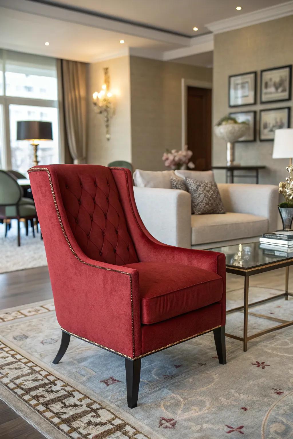 An elegant family room featuring a striking crimson upholstered chair as the centerpiece.
