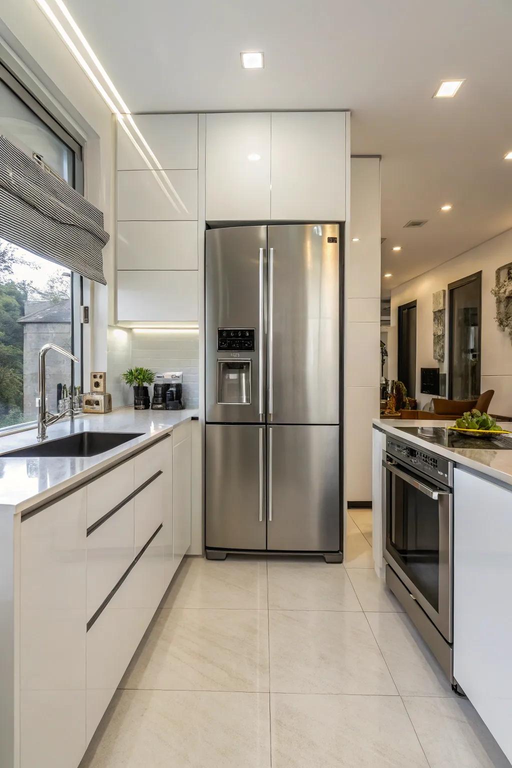 A modern kitchen showcasing a sophisticated stainless steel refrigerator.