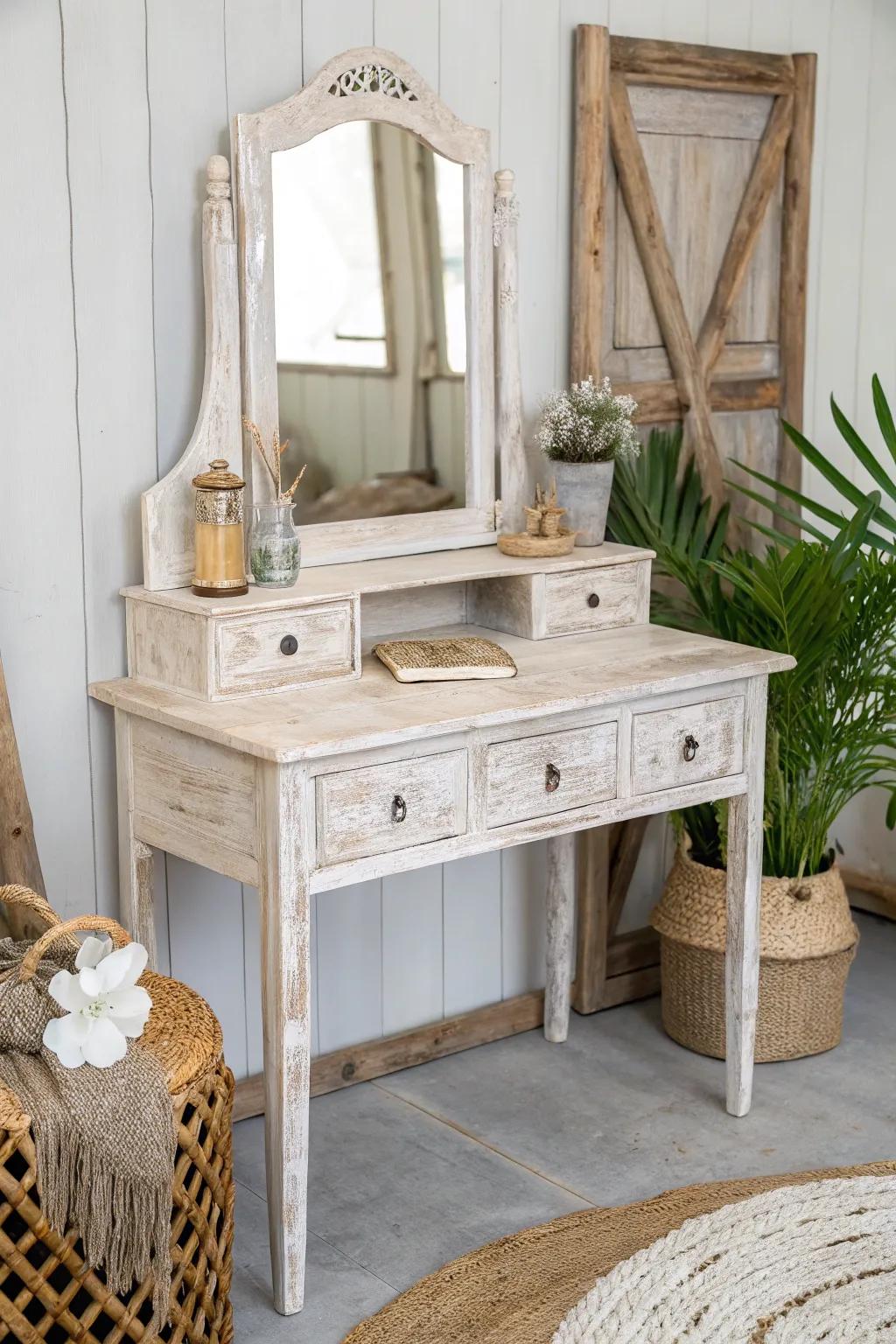 Transform your space with rustic elegance: a shabby chic vanity that's both charming and cozy.