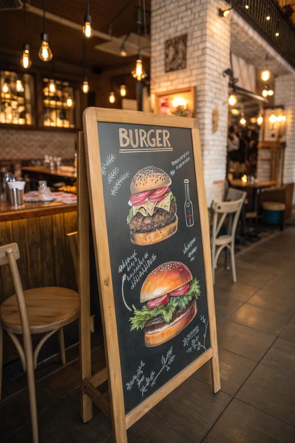 A rustic chalkboard showcasing a detailed burger illustration with labeled ingredients.