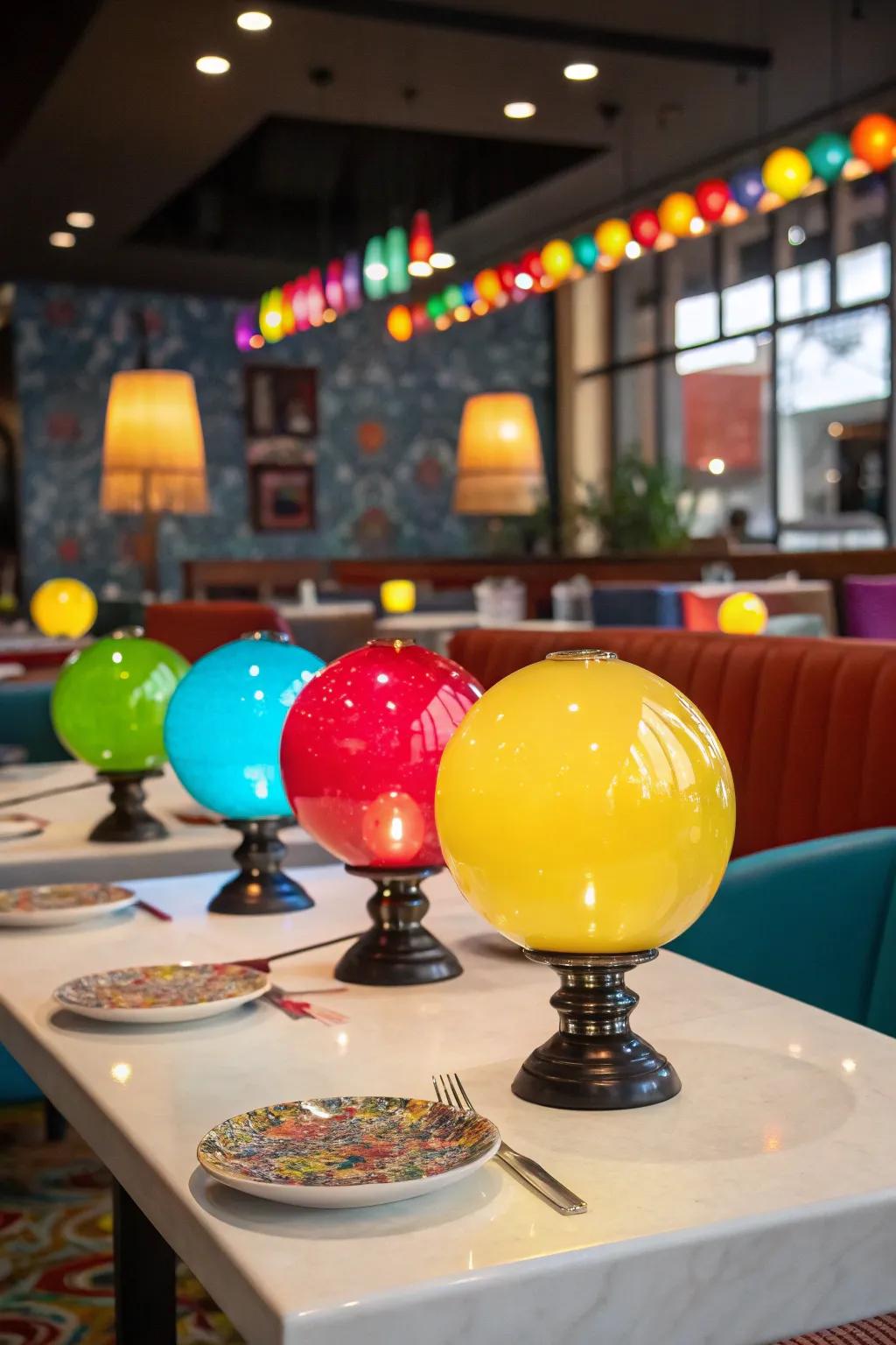 Colorful glass orb table lamps adorn a restaurant table, complemented by vivid decor.