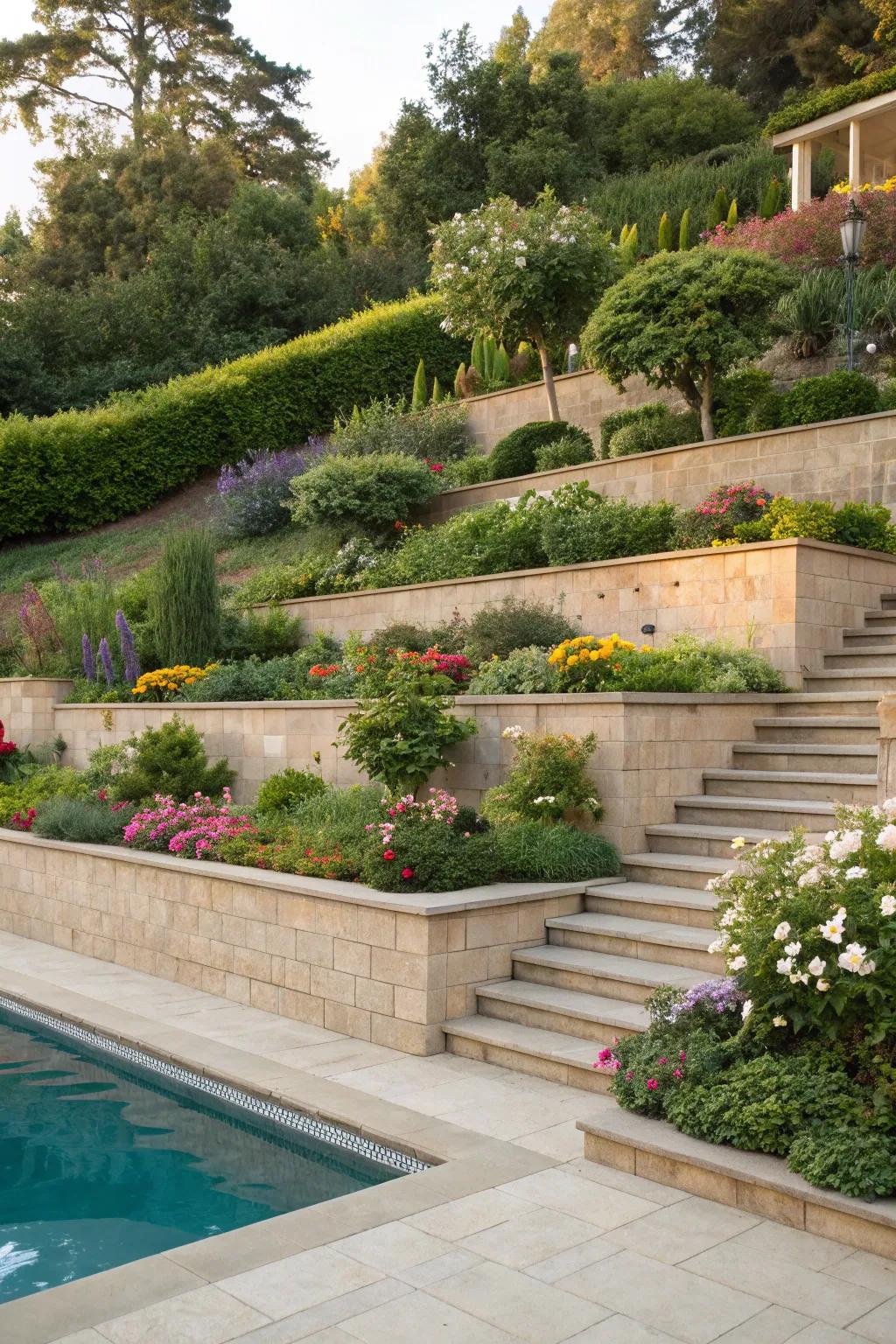 A terraced retaining wall filled with lively garden beds.