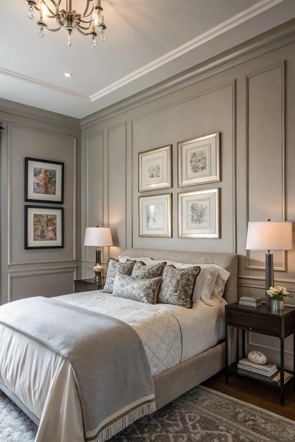 Framed artwork adds a touch of sophistication to a Gentle Gray bedroom.