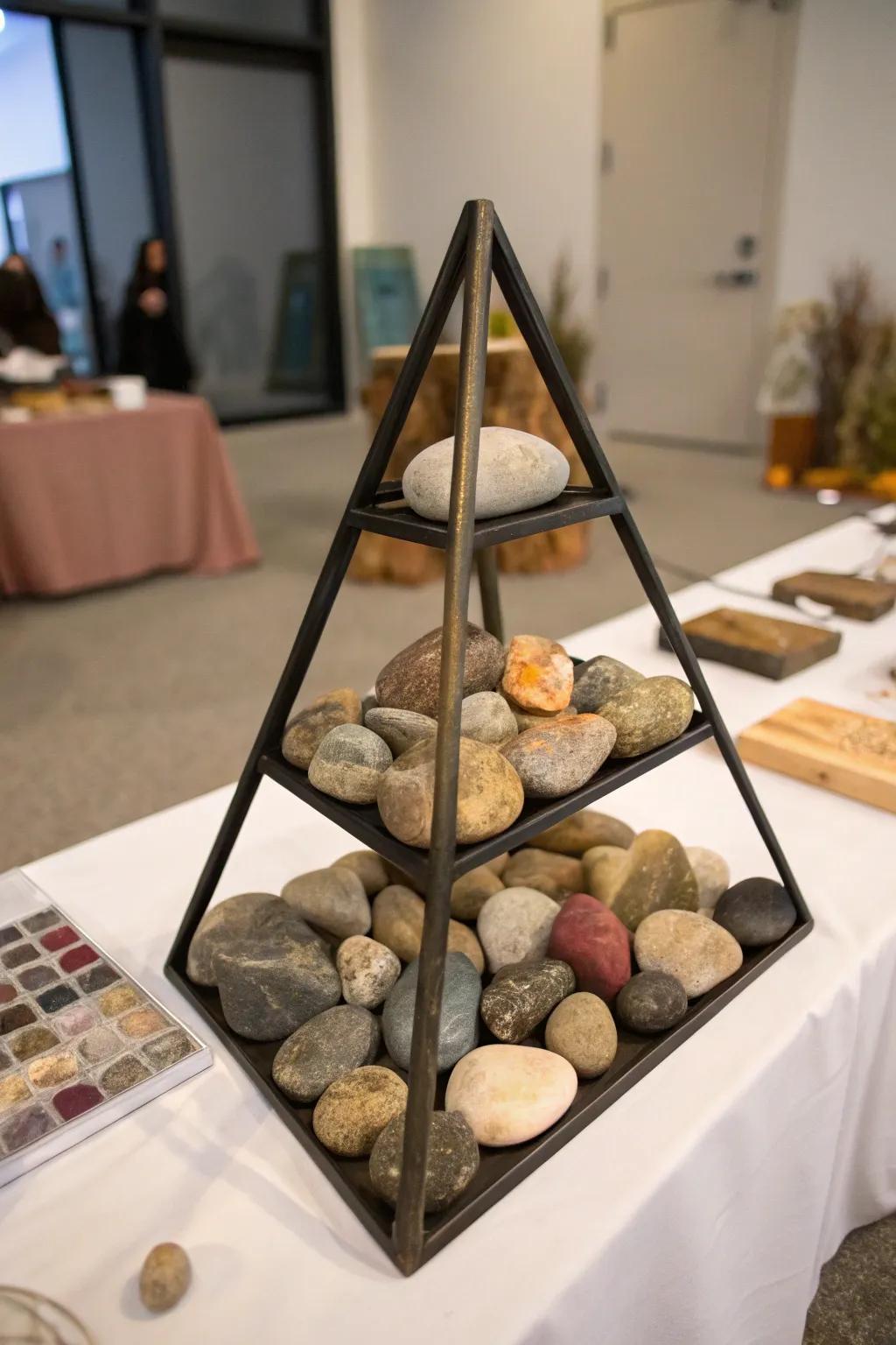 A modern triangle stand for displaying stones