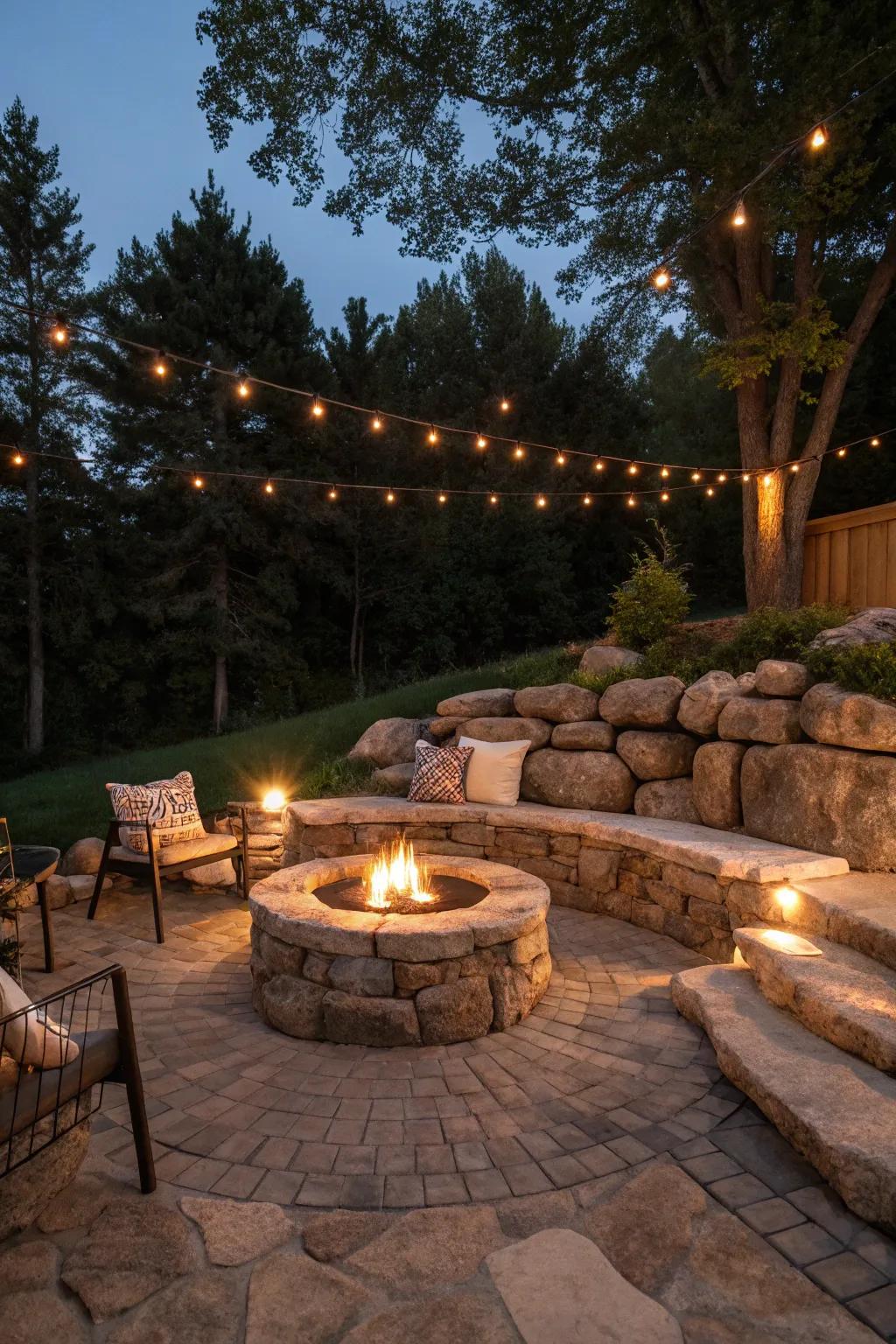 An inviting bonfire area with stone wall seating, ideal for nighttime social gatherings.