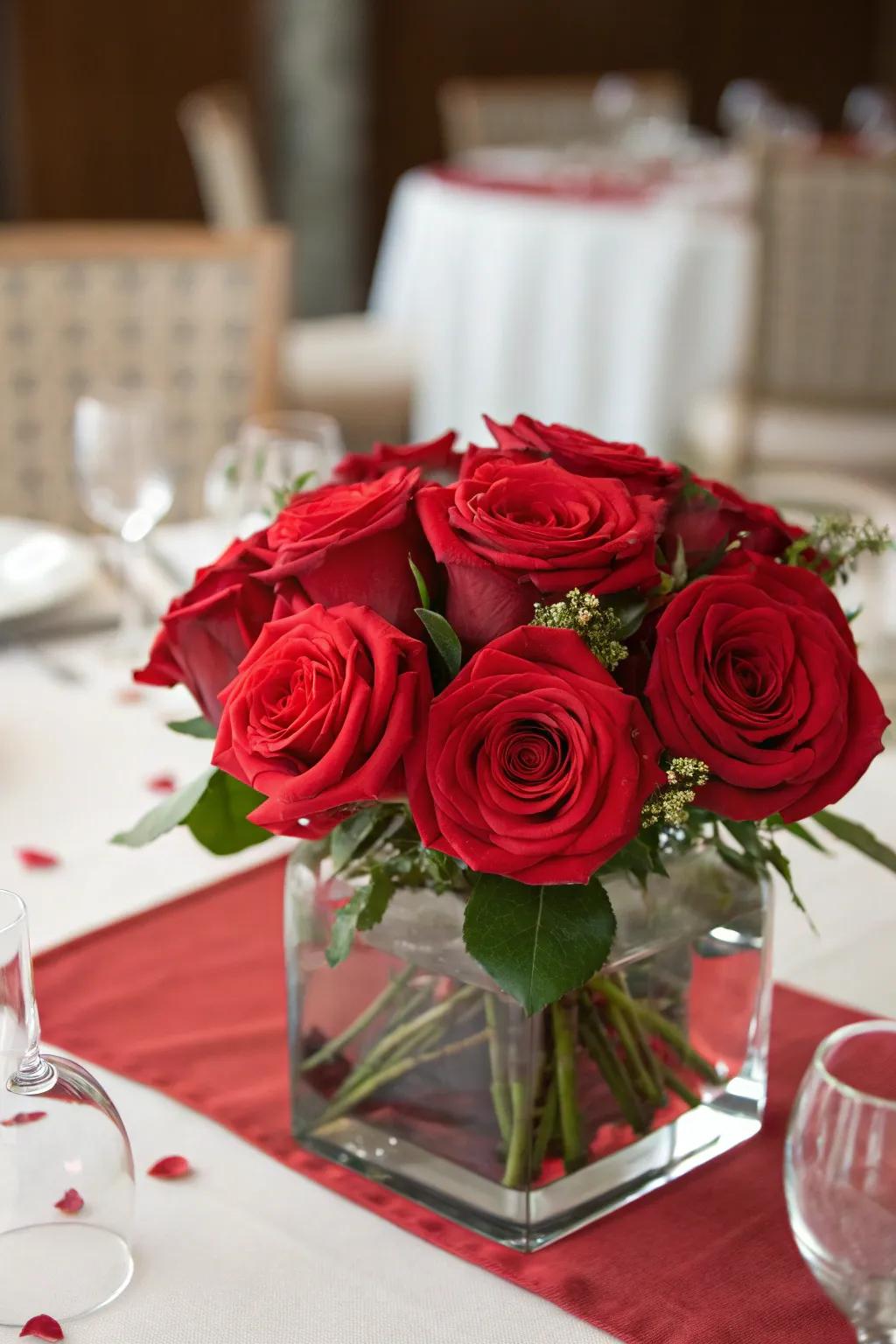 A petite vase filled with red roses introduces romantic charm to your dinner table.