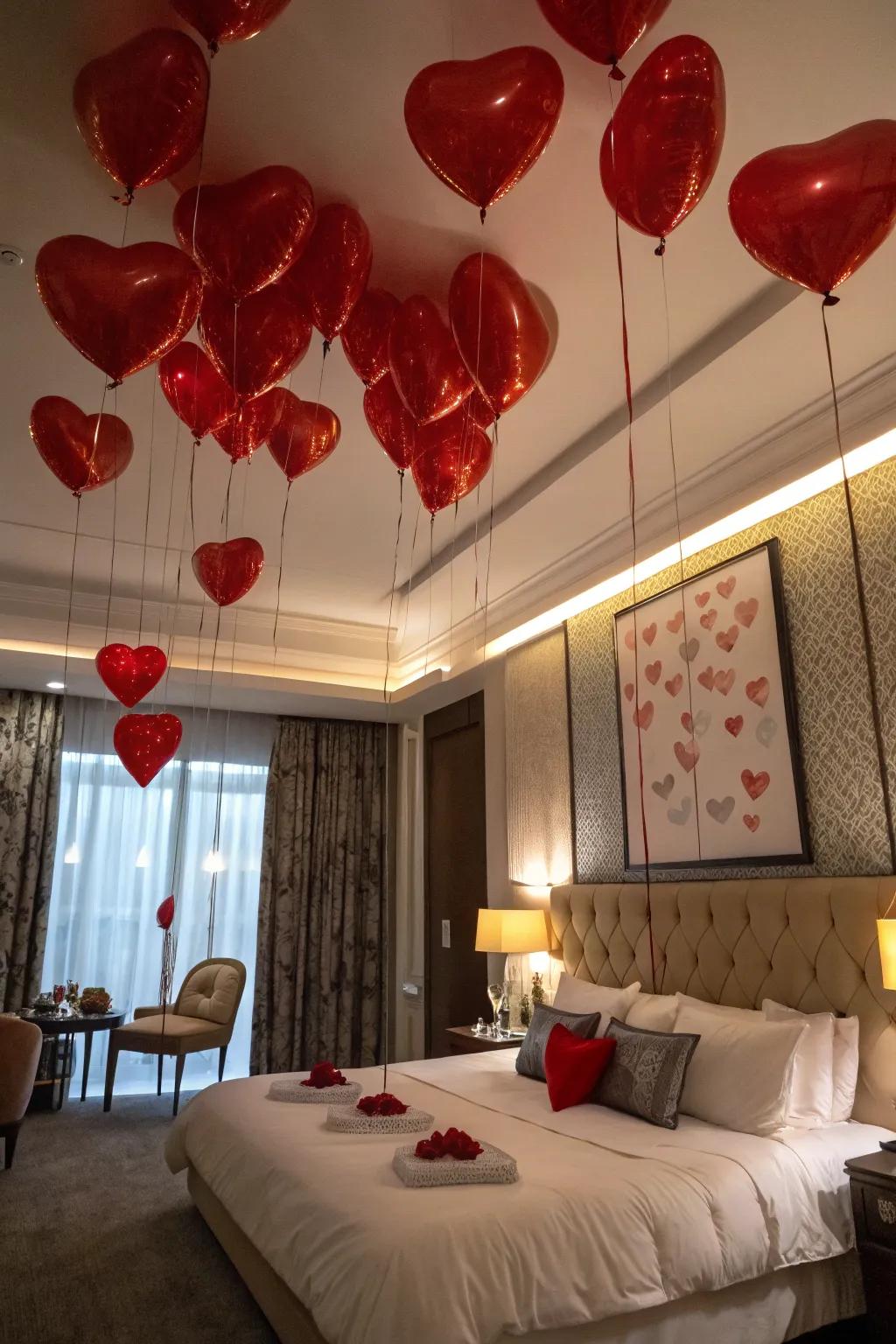 Heart-shaped balloons add a playful and romantic touch.