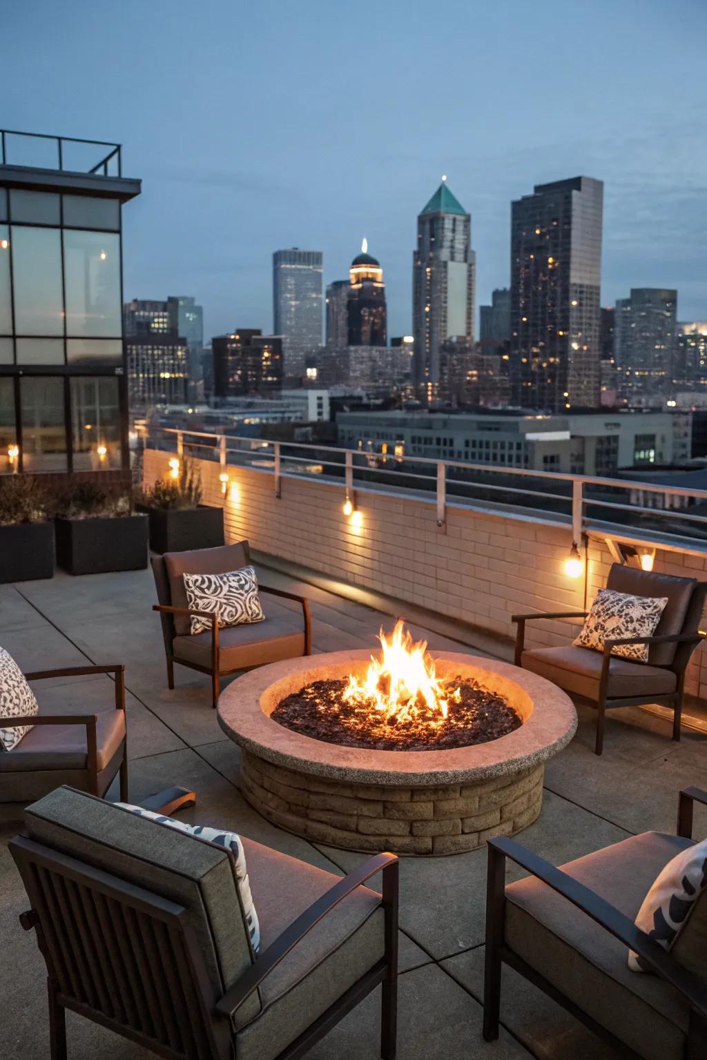 Cozy nights around a rooftop fire pit.