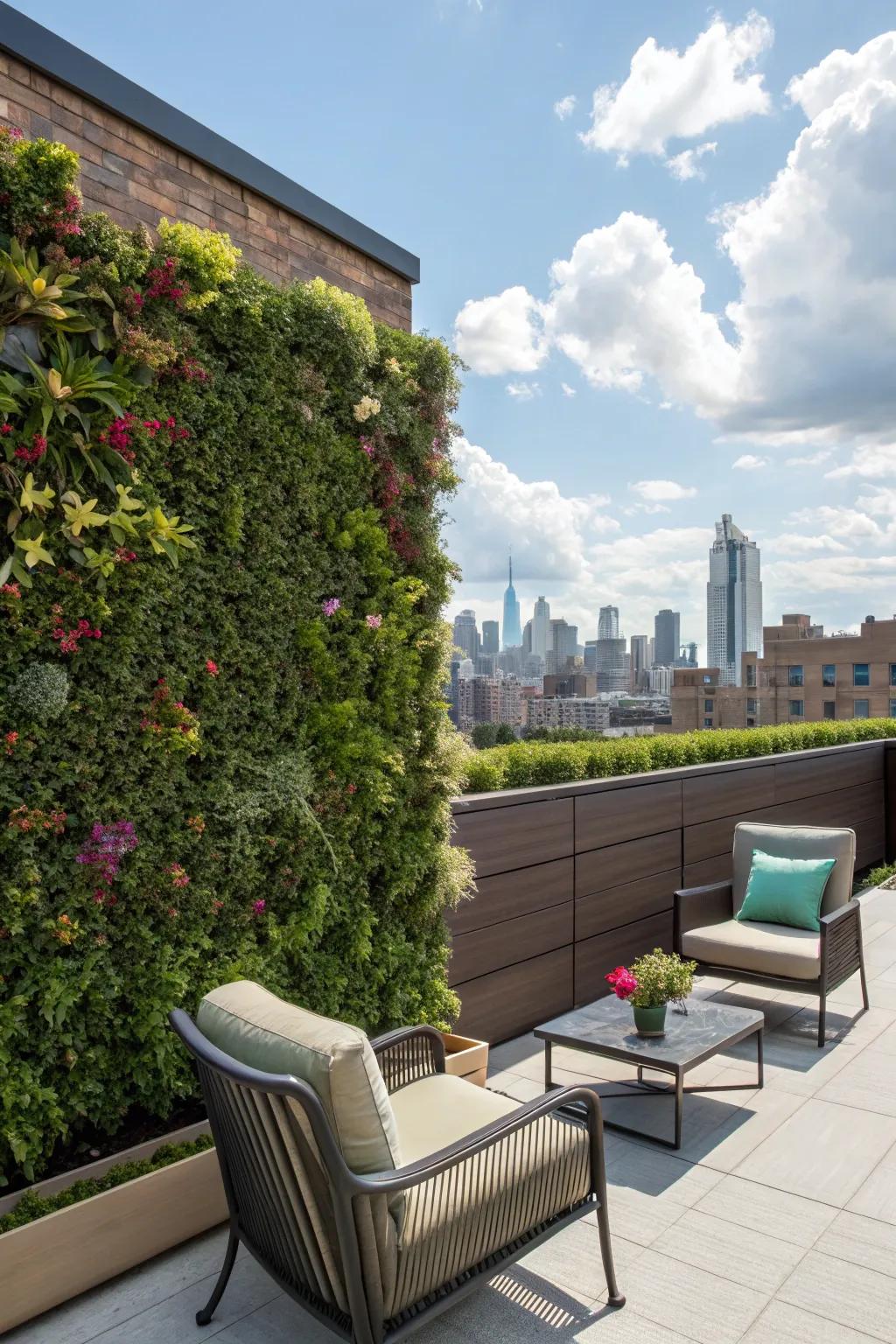 An upright garden adds lush greenery to a rooftop without losing area.