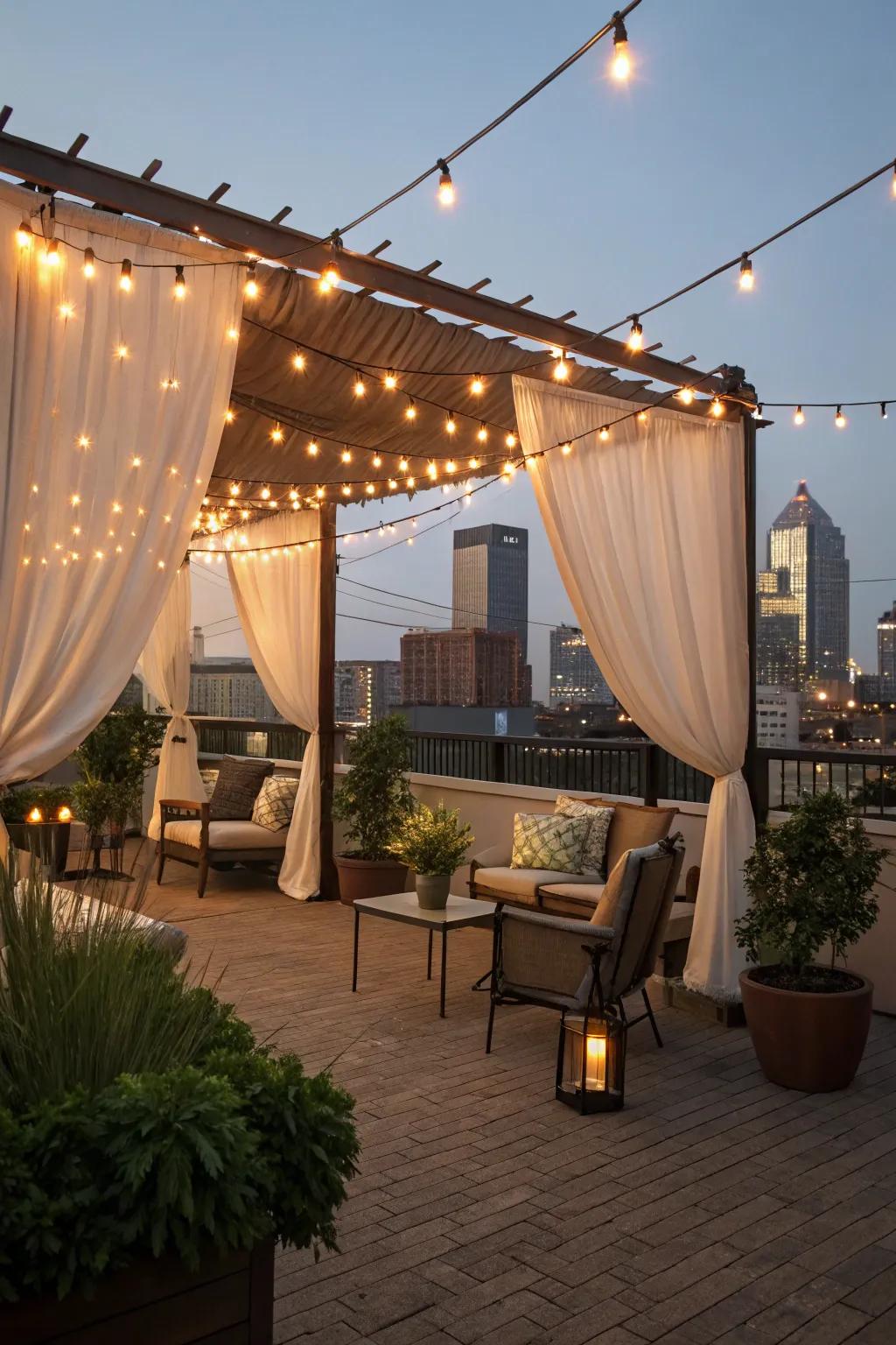 Fairy lights contribute a hint of enchantment to any rooftop.